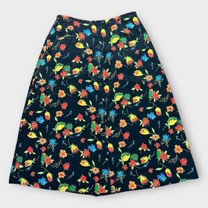 Vintage Black Colorful Floral Button Front Midi A-Line Skirt Size L/XL 14/16